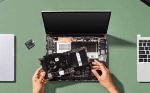Close-up of the modular Framework 13 laptop with swappable components