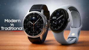 Google Pixel Watch 4 and Galaxy Watch 8 Classic side-by-side design comparison