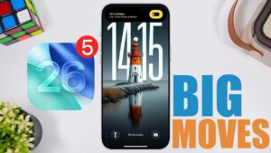 iOS 26 Beta 5 home screen with parallax effect and liquid glass dock