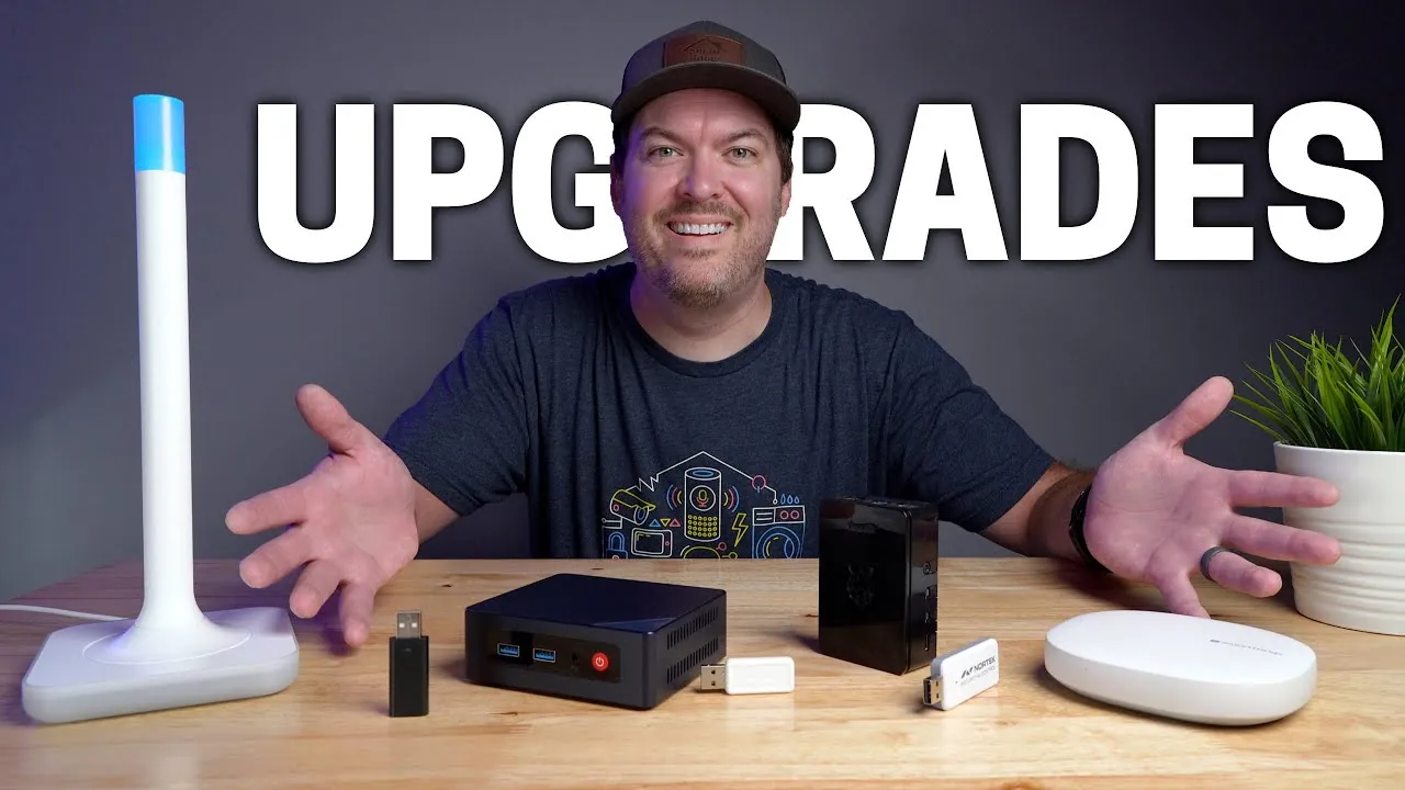 Compact mini PC running home automation platform beside sensors and lights for faster, reliable control