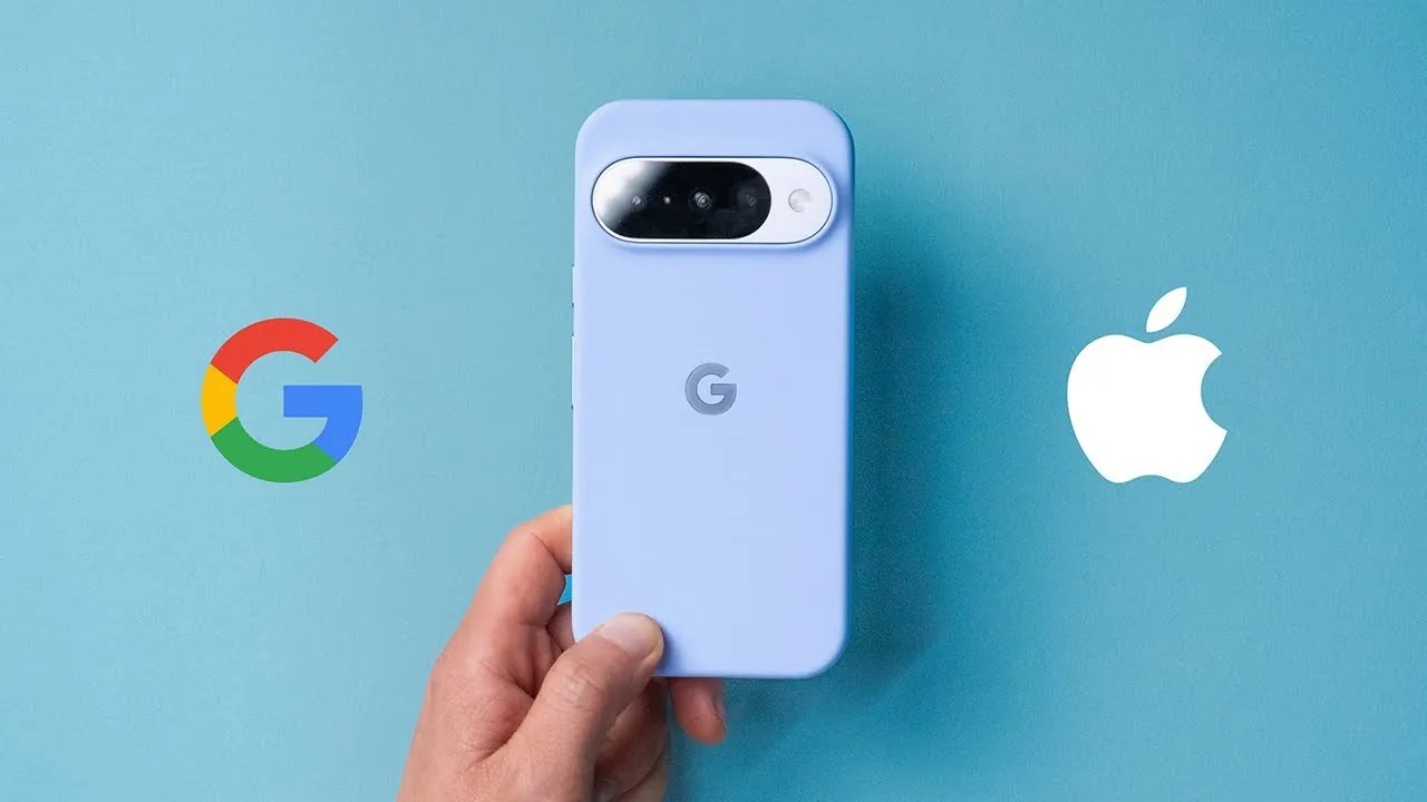Side-by-side comparison of Google Pixel 10 and iPhone design elements