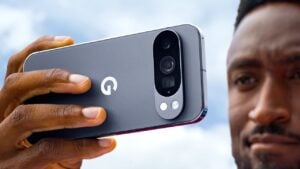 Close-up of the Pixel 10Pro’s sleek design and horizontal camera bar
