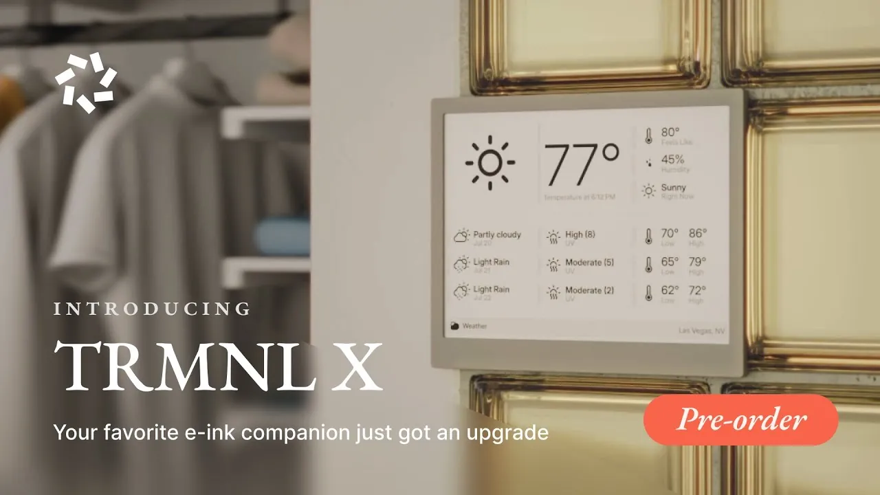 Modular hardware components of the TRMNL X smart display laid out