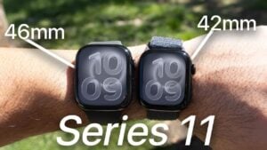 Apple Watch Series 11 size comparison between 42mm and 46mm models