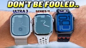 Apple Watch Ultra 3, Series 11, and SE 3 side-by-side comparison