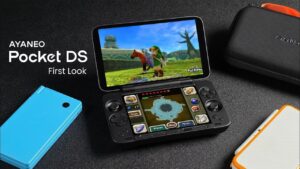 AYANEO Pocket DS handheld console with dual-screen design