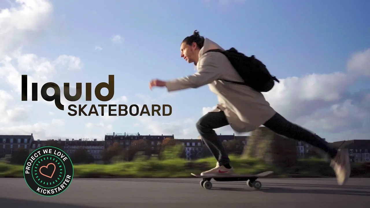 A skater riding the Liquid Skateboard with no handheld remote