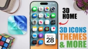 iOS 26 home screen showcasing 3D icons, hidden widgets, and custom themes