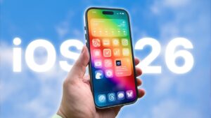 Overview of iOS 26's Liquid Glass design with shimmering 3D effects