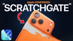 Close-up of iPhone 17 Pro Max showing scratches on aluminum body