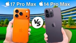 iPhone 17 Pro Max and iPhone 14 Pro Max design comparison showing size and material differences
