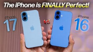 Side-by-side comparison of iPhone 17 and iPhone 16 design and features
