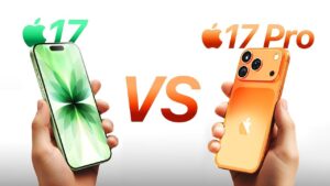 Side-by-side comparison of iPhone 17 and iPhone 17 Pro designs
