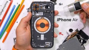 Close-up of the iPhone Air’s titanium exoskeleton and lightweight design.