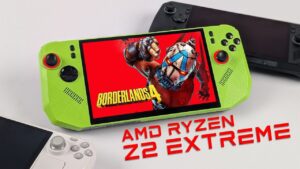 MSI Claw A8 handheld gaming device running Borderlands 4 gameplay