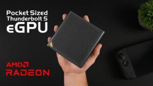 Close-up of the 1XGPU Light, a compact Thunderbolt 5 external GPU for portable computing