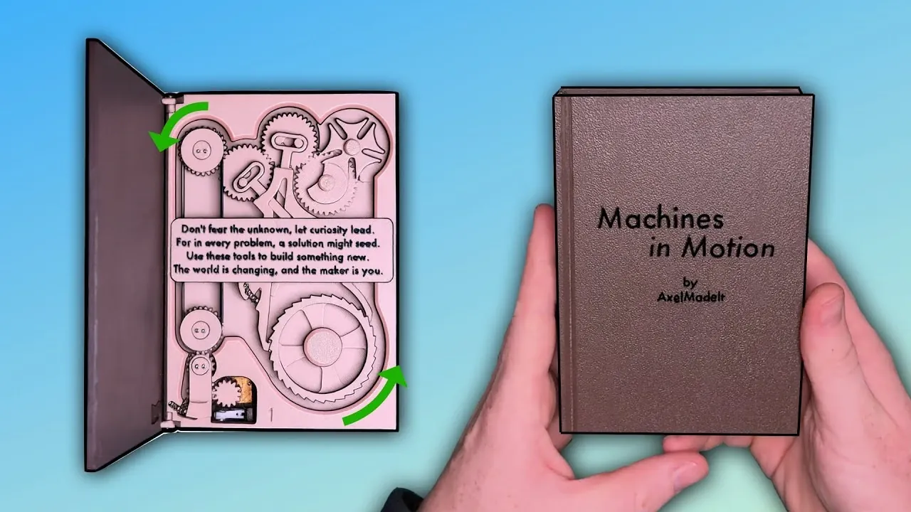 Close-up of a 3D-printed mechanical book with functional gears and circuits