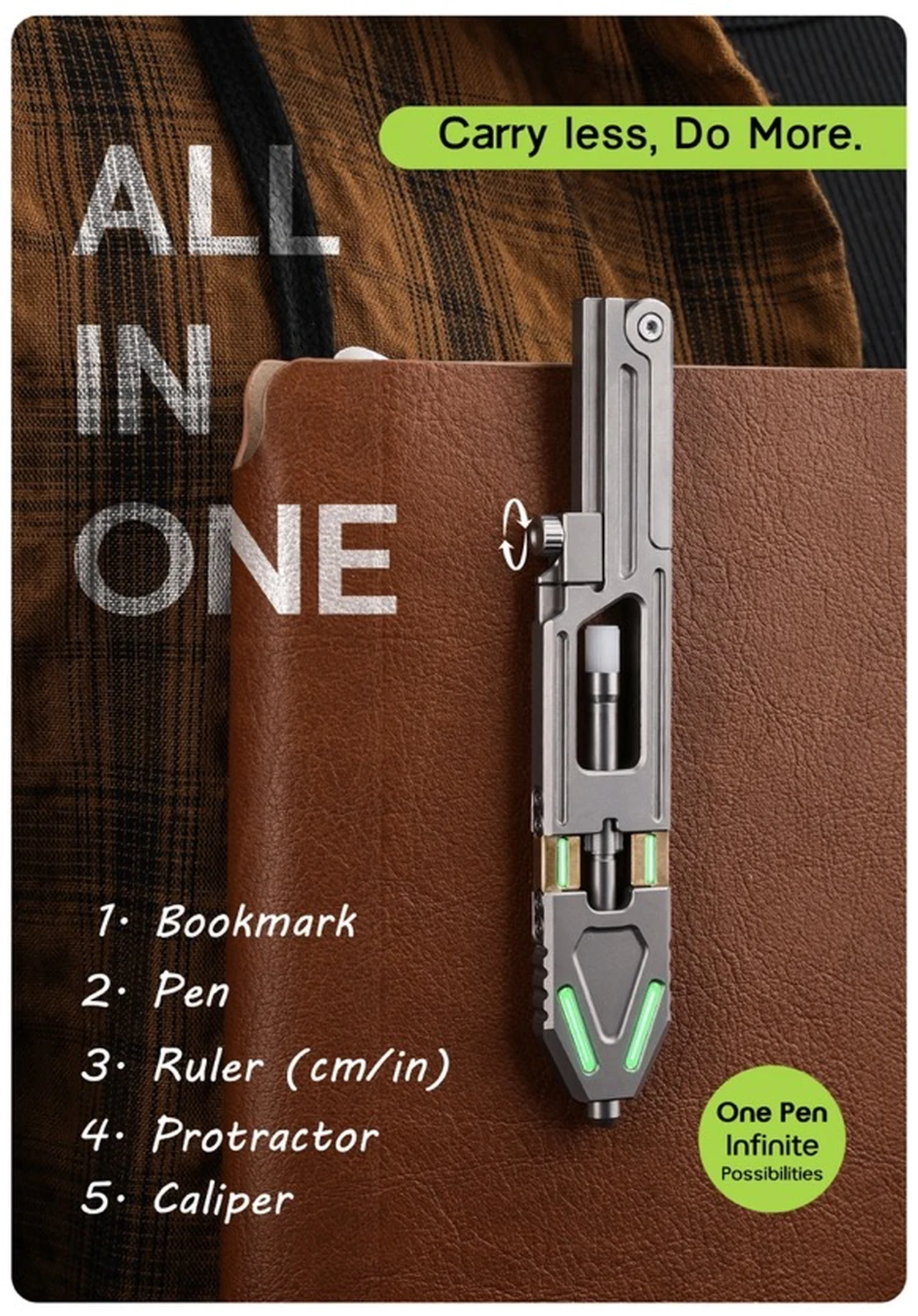 Un elegante bolígrafo multiherramienta de titanio con herramientas de medición integradas y recargas de tinta personalizables.