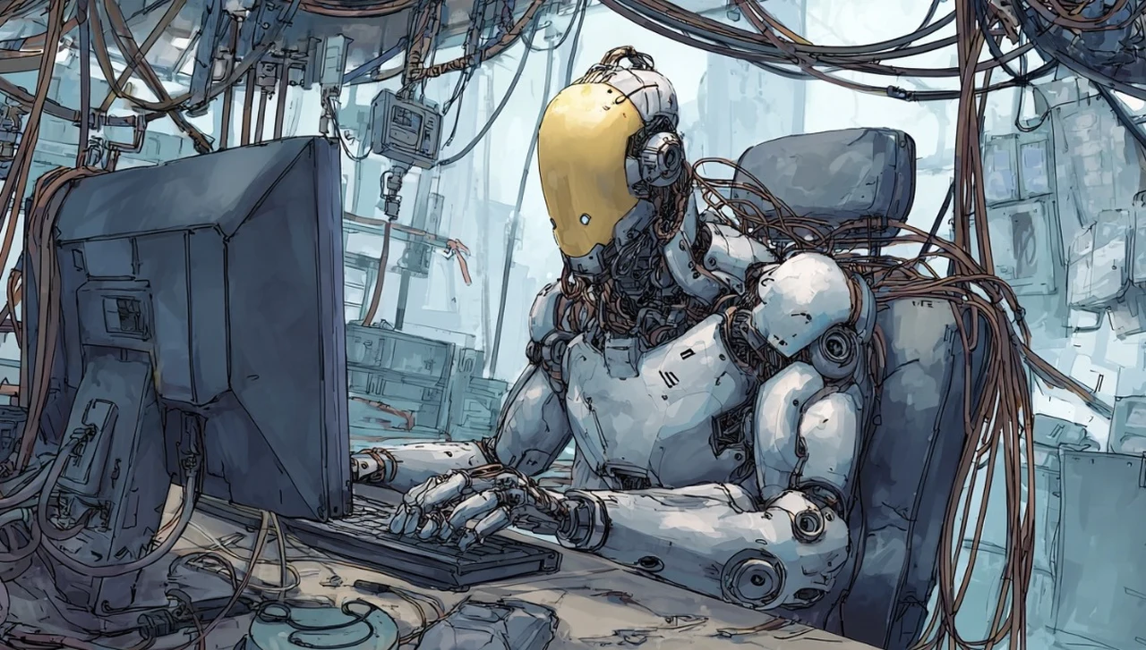 Illustration of AI automating coding tasks while a developer