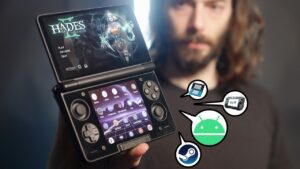 AYN Thor handheld gaming console with dual OLED screens and sleek design