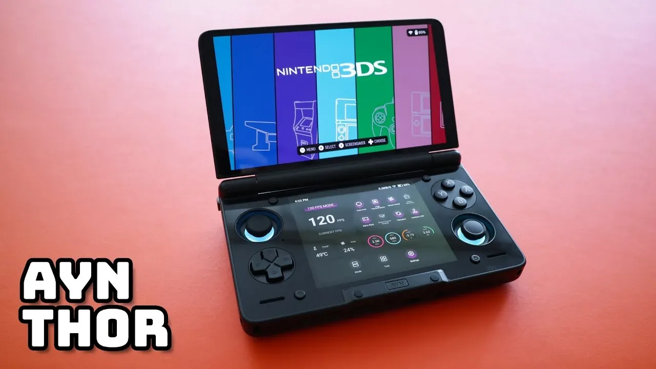 The AYN Thor handheld console featuring dual OLED screens and a sleek clamshell design