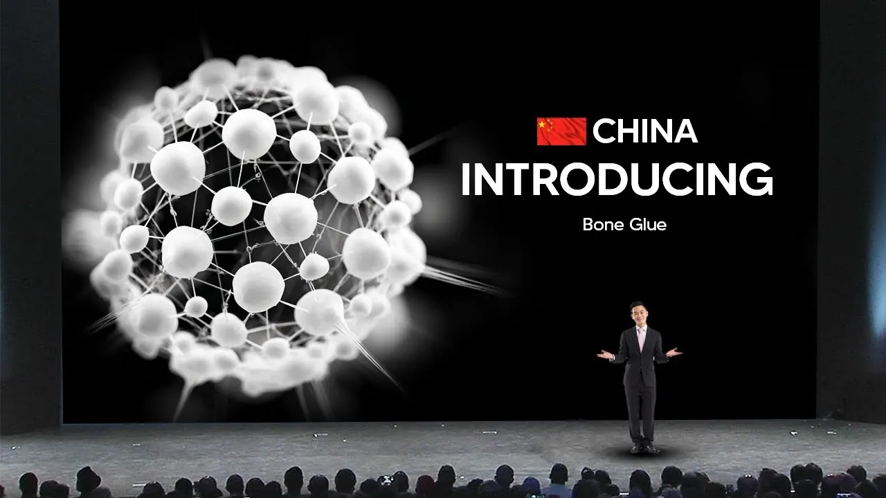 Close-up of Bone-02 adhesive being applied to a fractured bone, showcasing its innovative healing properties