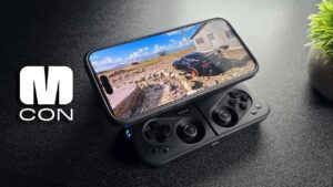 Close-up of the MCON controller's slide-out magnetic design for mobile gaming