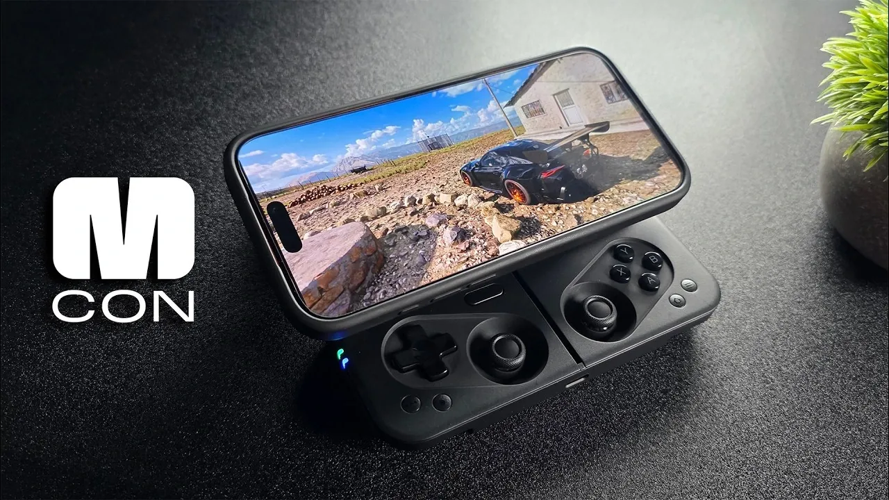 Close-up of the MCON controller's slide-out magnetic design for mobile gaming