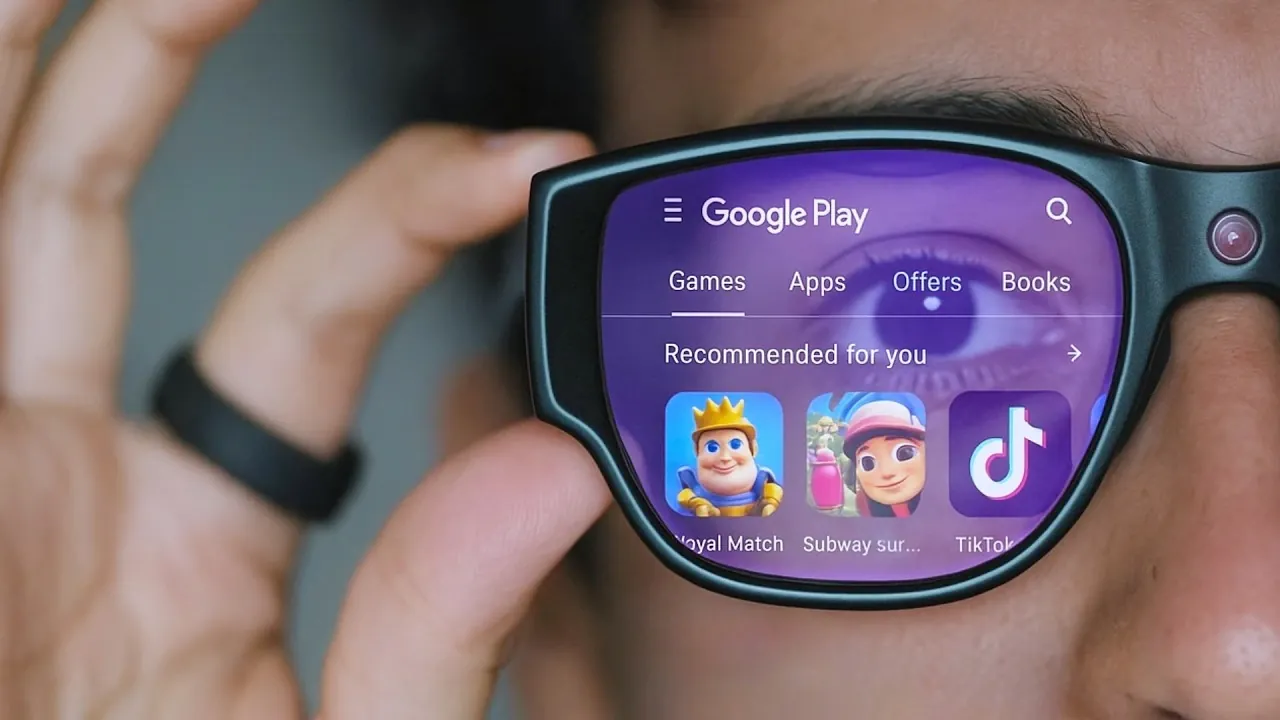 Close-up of the Inmo Air 3 AR glasses showcasing transparent lenses and sleek design