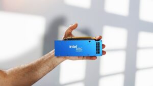 Close-up of Intel’s Pro B50 GPU, a $349 professional-grade graphics card