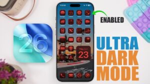 iPhone screen showcasing iOS 26 ultra-dark mode settings