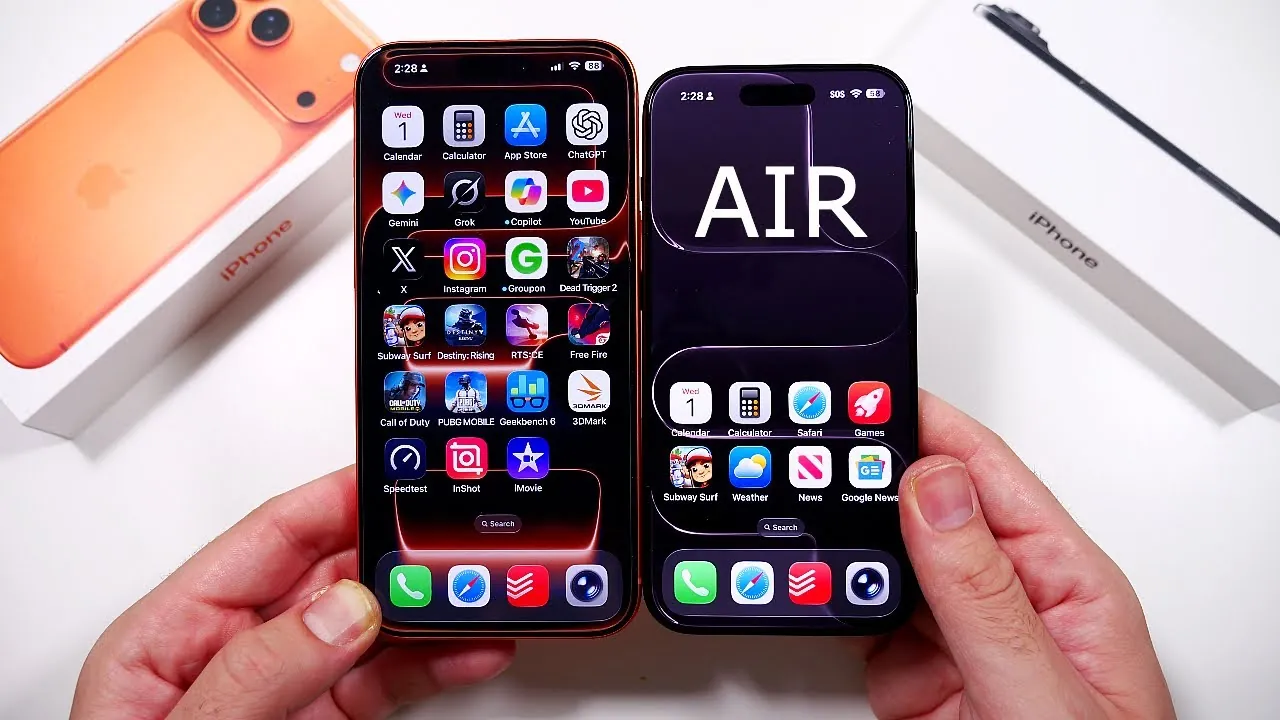 Close-up of iPhone 17 Pro Max triple-camera system vs. iPhone Air single camera