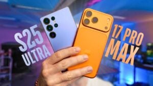 Side-by-side comparison of iPhone 17 Pro Max and Galaxy S25 Ultra smartphones