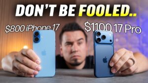 Side-by-side comparison of iPhone 17 and iPhone 17 Pro models