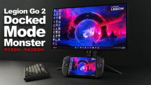 The Legion Go 2 handheld gaming device with a vibrant OLED display and detachable controllers
