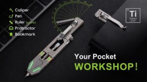 A sleek titanium multitool pen featuring integrated measuring tools and customizable ink refills