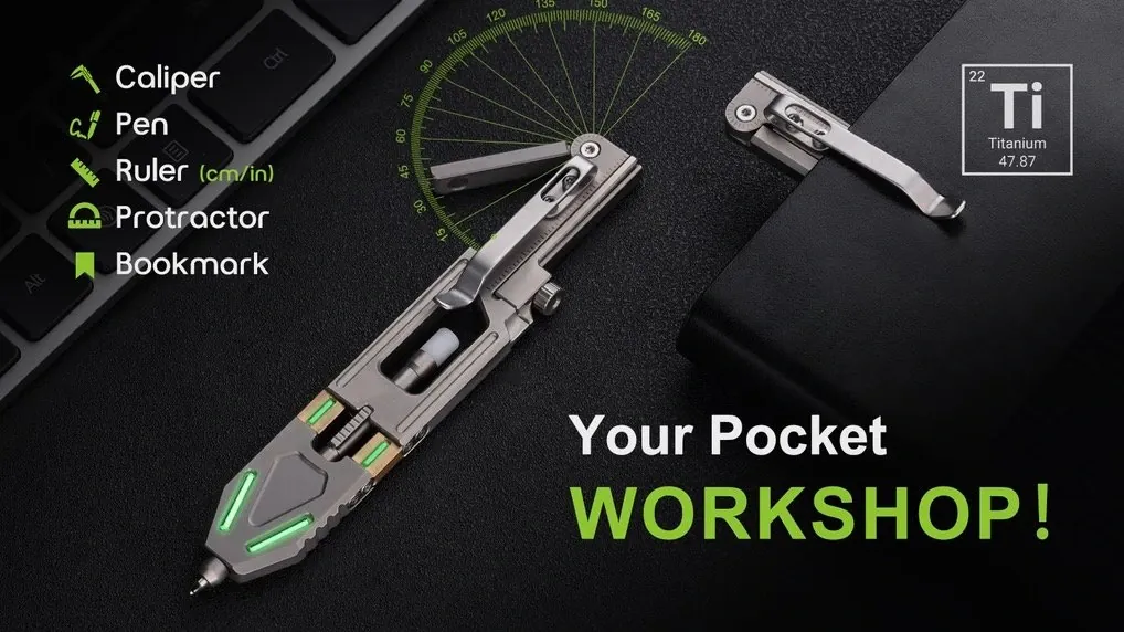 A sleek titanium multitool pen featuring integrated measuring tools and customizable ink refills