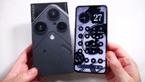 Transparent back design of the Nothing Phone 3A Lite with aluminum frame