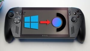 ROG Ally X handheld gaming device running SteamOS for optimized performance