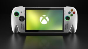 The ROG Xbox Ally handheld gaming device showcasing its sleek design and vibrant display
