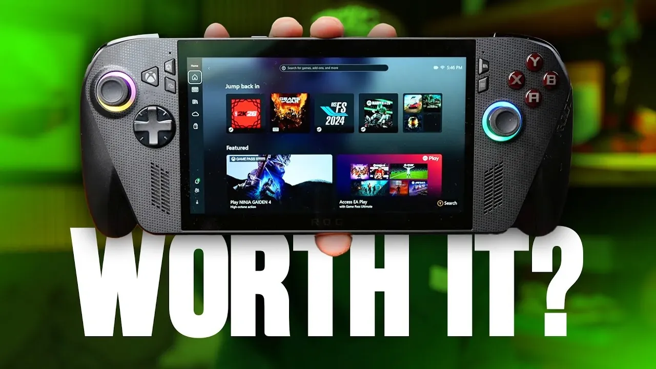 Close-up of the ROG Xbox Ally X highlighting its analog sticks and Hall effect haptic triggers