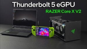A Thunderbolt 5 eGPU setup showcasing the Razer Core V2 connected to a laptop