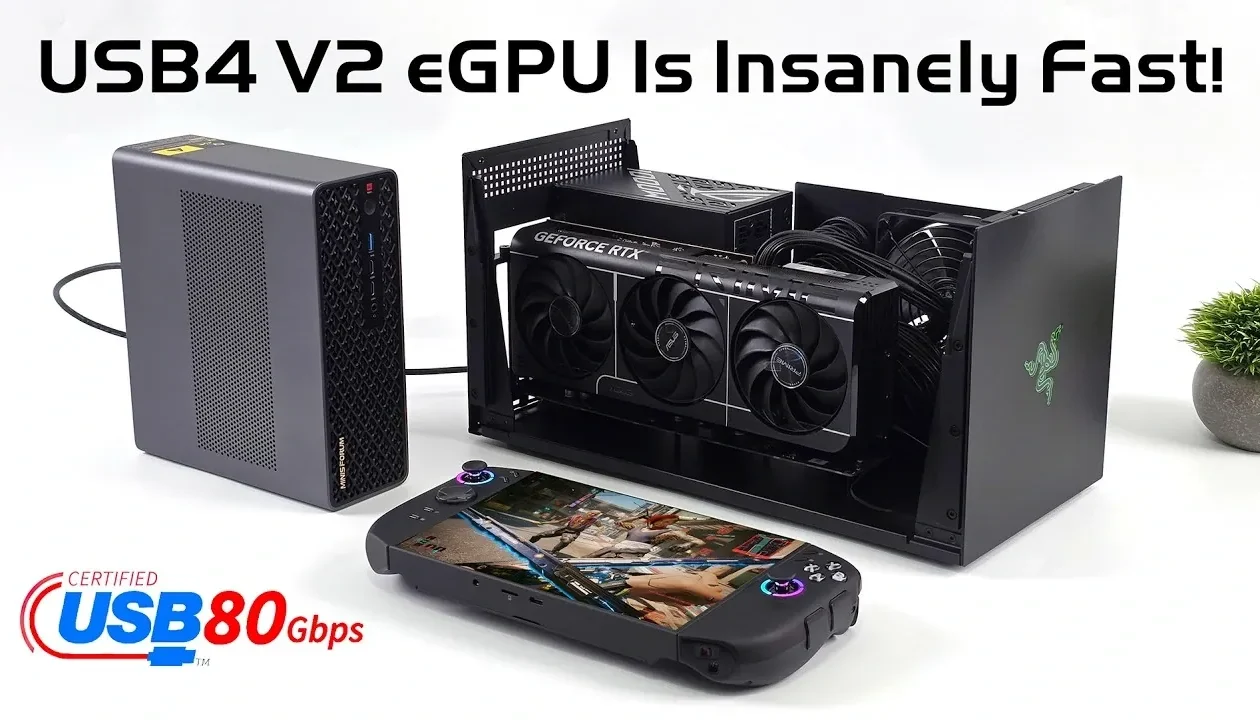 A compact gaming rig connected to an external GPU using USB4 V2 eGPU