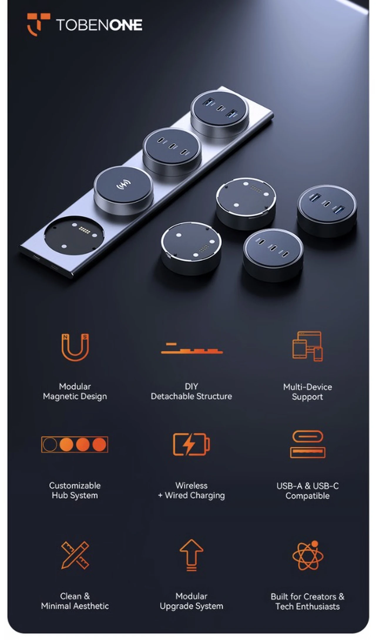 Hub di ricarica modulare magnetico ultrasottile Tobenone