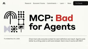 Diagram comparing MCP context rot and token bloat with code agents that run tools via APIs
