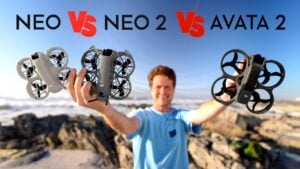 DJI Neo 2 and Avata 2 flying side by side with specs overlay during testing