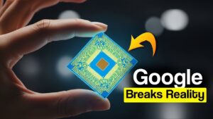 The Google Willow quantum chip on a test rig highlighting qubit array