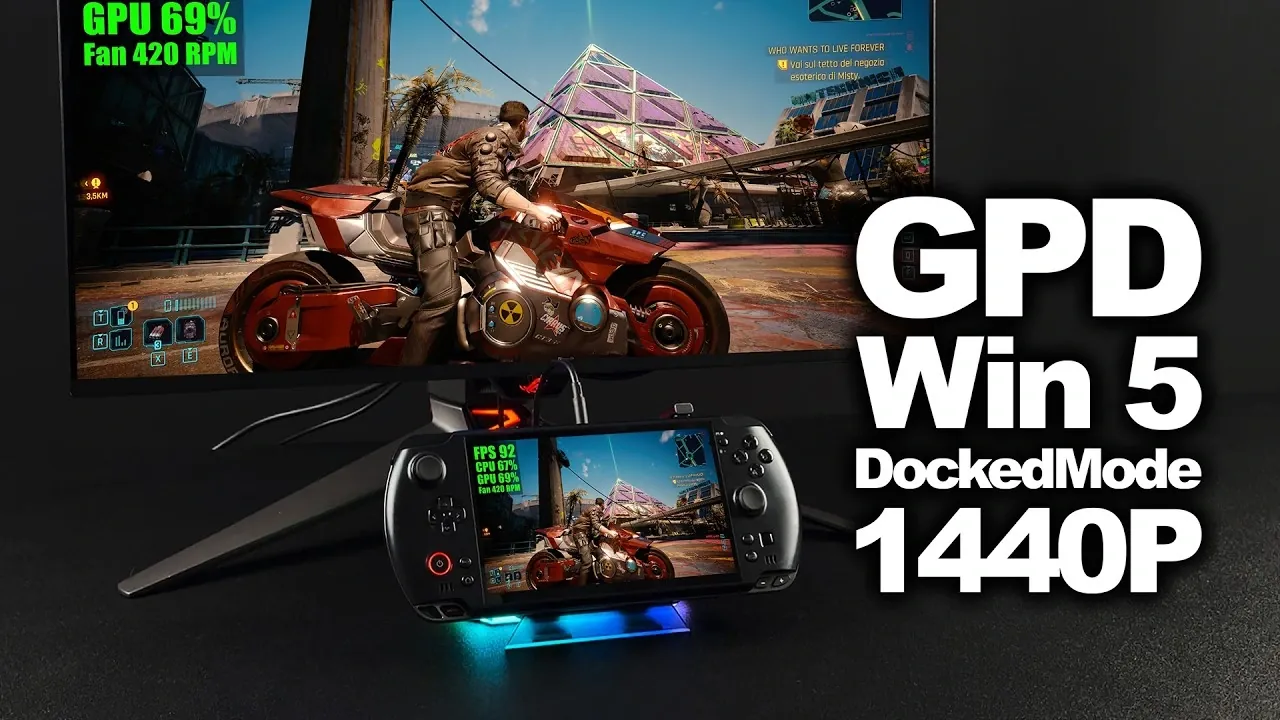 GPD Win 5 handheld running in docked mode at 65W, outputting 1440p to an external monitor