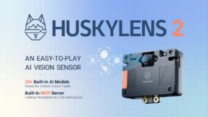 HUSKYLENS 2 AI vision sensor showcasing its dual-core processor and modular camera