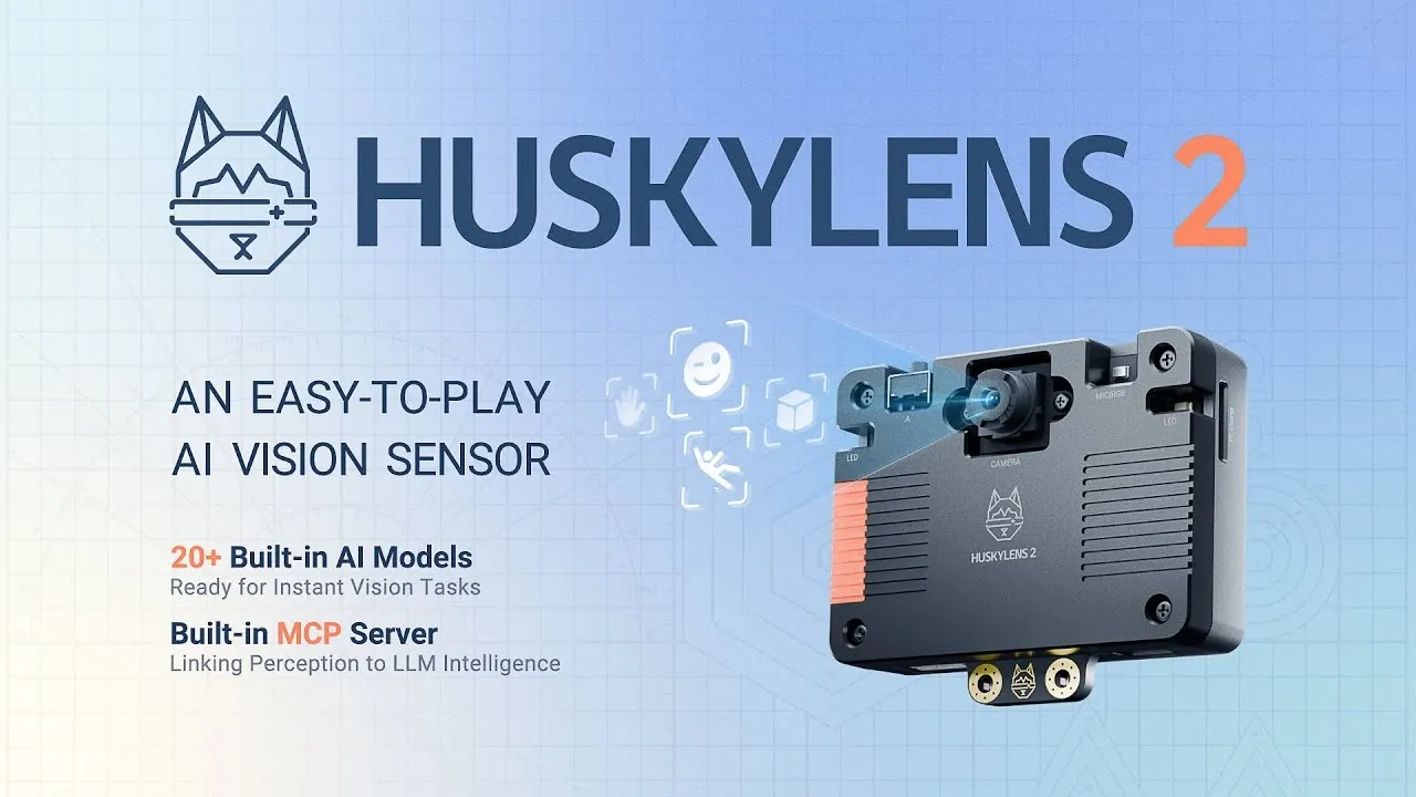 HUSKYLENS 2 AI vision sensor showcasing its dual-core processor and modular camera